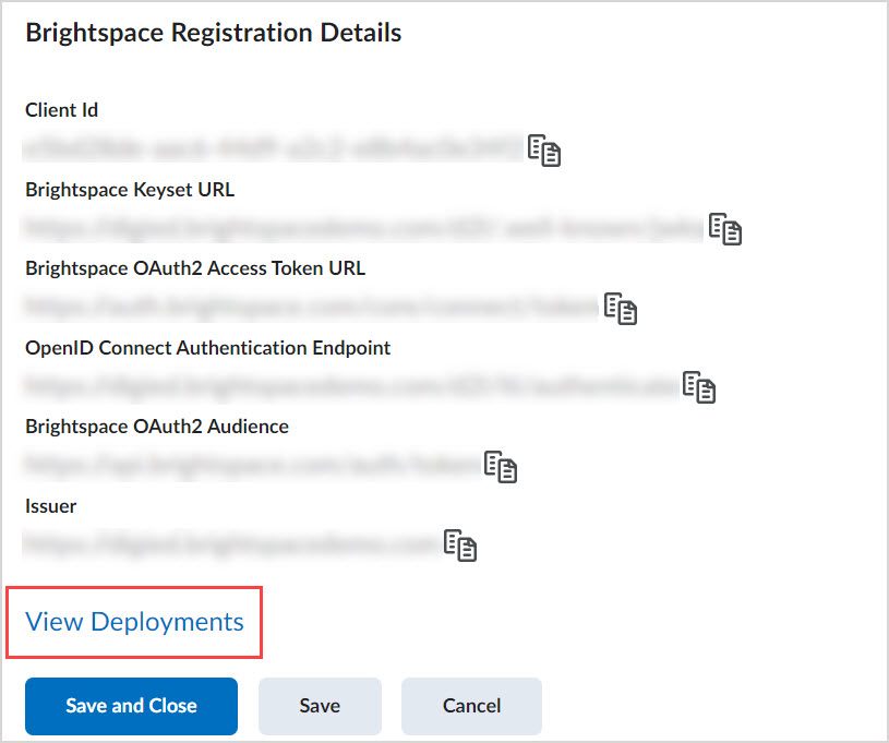 Brightspace View Deployments Under the Brightspace Registration Details heading, the View Deployments link is highlighted.